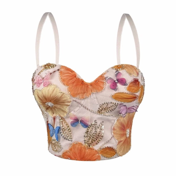 KHONTS Women's Bustier Tops Floral Corset Top Elegant 3D Flower Beaded Underwire Push up Adjustable Spaghetti Straps Boned Crop Top for Party Wedding Prom 03-Beige S