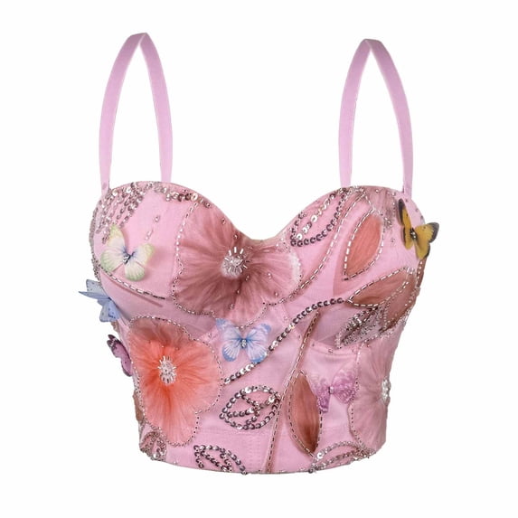 KHONTS Women's Bustier Tops Floral Corset Top Elegant 3D Flower Beaded Underwire Push up Adjustable Spaghetti Straps Boned Crop Top for Party Wedding Prom 03-Pink XL