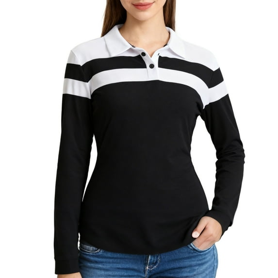 KHONTS Women's Button up Long Sleeve Polo Shirts V Neck Knitted Pullover Tops Casual Ribbed Loose T Shirts Black S