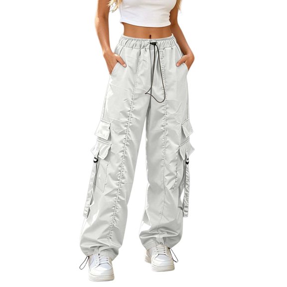 KHONTS Women's Cargo Pants Baggy Wide Leg Trousers High Waisted Pants Streetwear White XXL