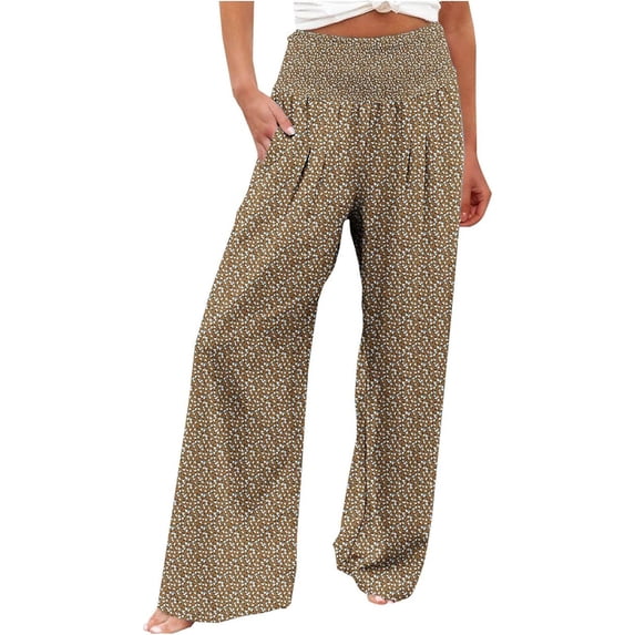 KHONTS Women's Casual High Waisted Palazzo Pants Wide Leg Trendy Trousers Floral Printed Boho Beach Vacation Pants with Pockets Khaki S