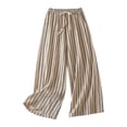 thumbnail image 1 of KHONTS Women's Casual Linen Pants Striped High Waist Wide Leg Slacks Lightweight Palazzo Culotte Trousers Beige M, 1 of 4