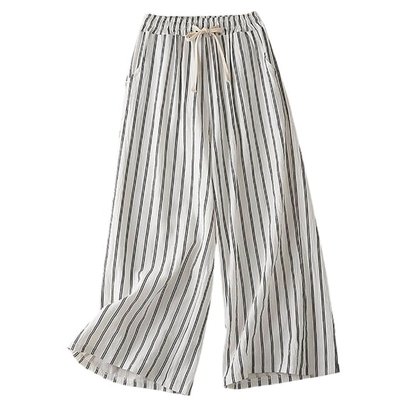 KHONTS Women's Casual Linen Pants Striped High Waist Wide Leg Slacks Lightweight Palazzo Culotte Trousers White XL