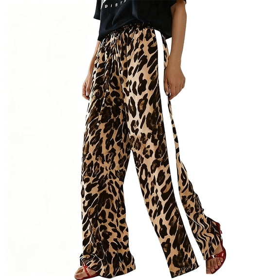 KHONTS Women's Casual Pants Drawstring Leopard Print Color Block Side Striped Straight Leg Wide Leg Loose Pants A-White2 S