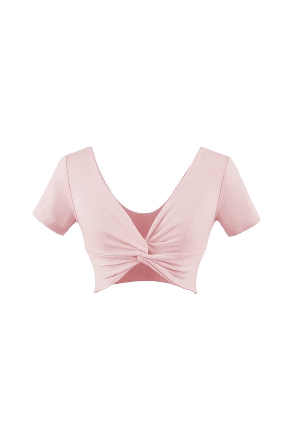 Women's Casual Short Sleeve Crop Tops V Neck Twist Front Ribbed T Shirts Pink S