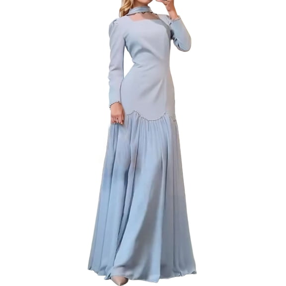 KHONTS Women's Chiffon Kaftan Abaya Dress Long Sleeve Self Tie Flowy Maxi Dress Evening Gown Blue XXL