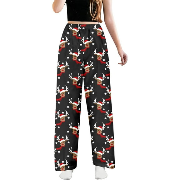 KHONTS Women's Christmas Comfy Pajamas Drawstring Stretch Floral Print Long Wide Leg Lounge Pants M M