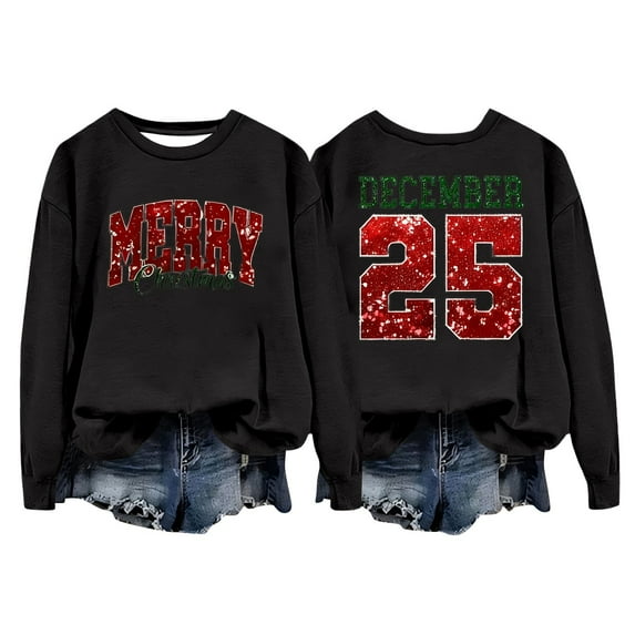 KHONTS Women's Christmas Sequin Sweatshirts Long Sleeve Loose Fit Pullover Sweatshirts Soft Comfortable Tee Black S