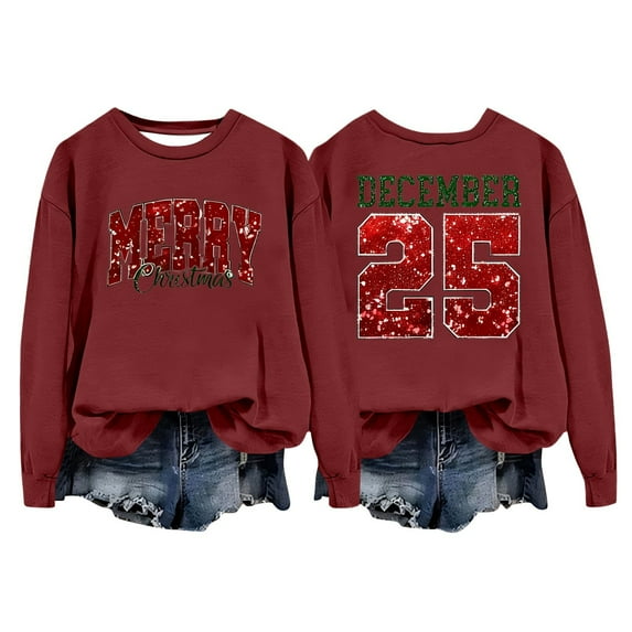 KHONTS Women's Christmas Sequin Sweatshirts Long Sleeve Loose Fit Pullover Sweatshirts Soft Comfortable Tee Brick Red S