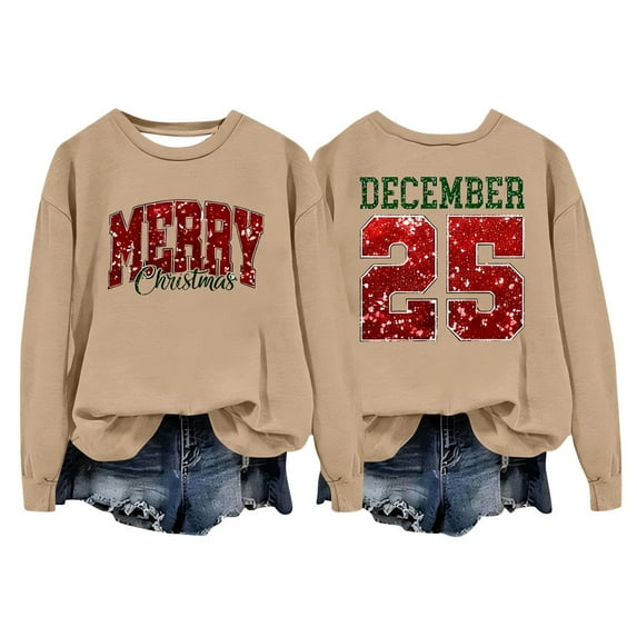 KHONTS Women's Christmas Sequin Sweatshirts Long Sleeve Loose Fit Pullover Sweatshirts Soft Comfortable Tee Coffee XXL