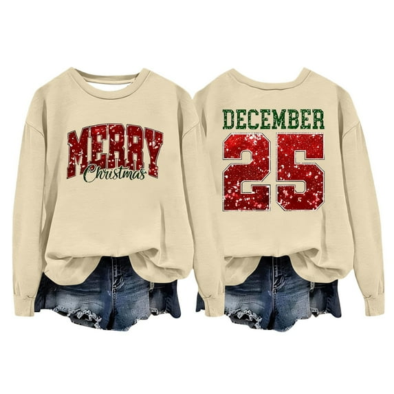KHONTS Women's Christmas Sequin Sweatshirts Long Sleeve Loose Fit Pullover Sweatshirts Soft Comfortable Tee Khaki M