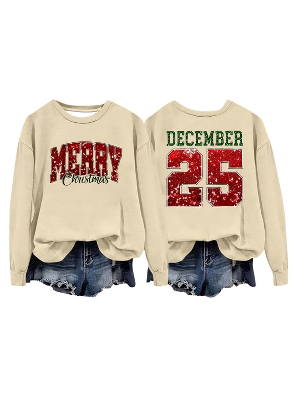 Women's Christmas Sequin Sweatshirts Long Sleeve Loose Fit Pullover Sweatshirts Soft Comfortable Tee Khaki M