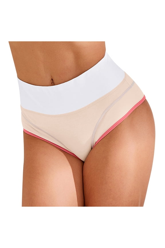 Women's Color Blocking High Waist Triangle Underwear Plus Size Workout Thong Breathable Soft Pants Beige XXXL