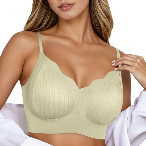 KHONTS,Women's Comfortable Wireless Push up Bras No Underwire Seamless Bra Support Full Coverage Padded Bralettes Beige M