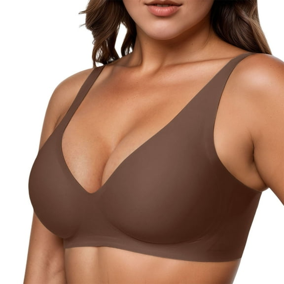 KHONTS,Women's Comfy Jelly Lift Wireless Bras Deep V Comfortable Push up Seamless Bra Removable Padded Plunge Bralettes Brown XXXXL