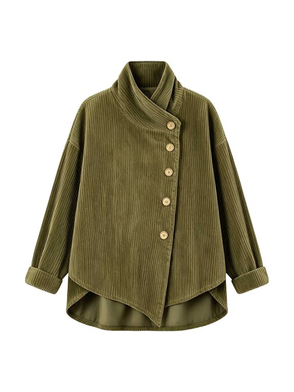 Women's Corduroy Asymmetrical Button High Collar Long Sleeve Jacket Cowl Neck Wrap Drop Shoulder Coat Army Green S