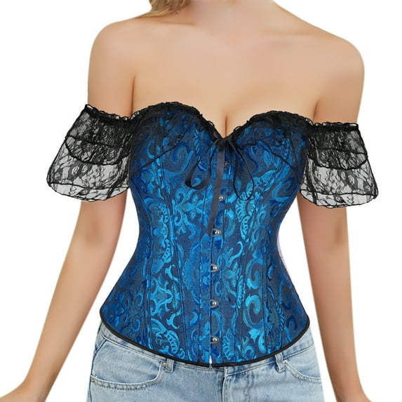 KHONTS Women's Corset Tops Floral Lace Off Shoulder Bustier Lingerie Waist Cincher Costume Tops Plus Size Boned Overbust Corset Bodyshaper Black XXXXL