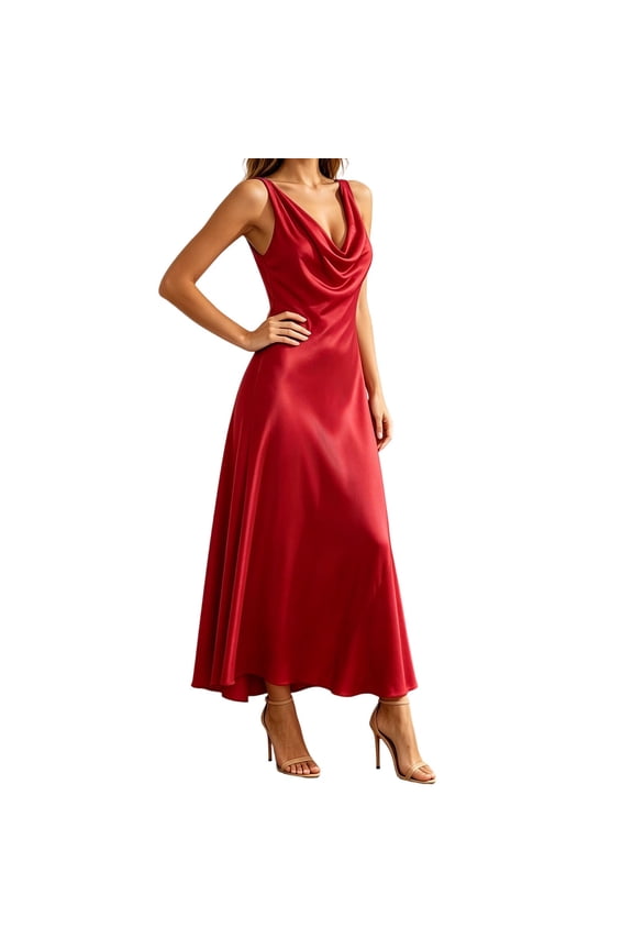 Women's Cowl Neck Elegant Weeding Party Dresses Sleeveless Bodycon Maxi Dresses Red L