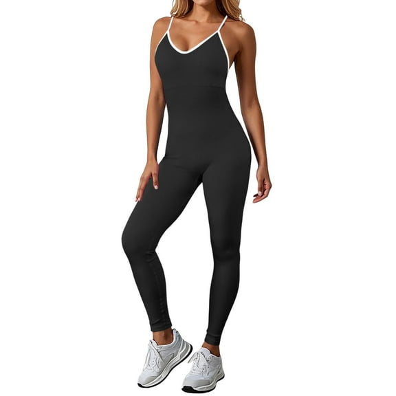 KHONTS Women's Crisscross Sleeveless Bodycon Cami Jumpsuit Seamless Backless Workout Yoga Pants Rompers Black L