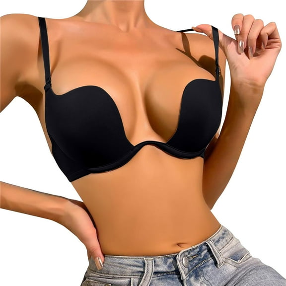 KHONTS Women's Deep U Multi-way Push up Convertible Low Cut Plunge Bras Black 85B