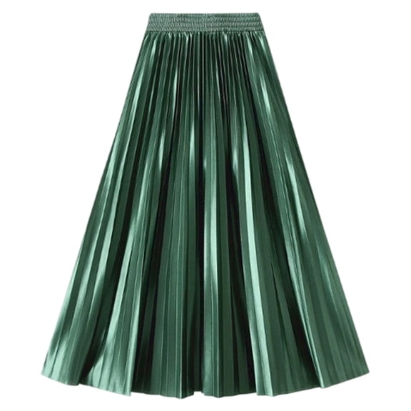 KHONTS Women's Elastic-Waist Accordion Pleated Metallic Long Party Skirt Dark Green One Size