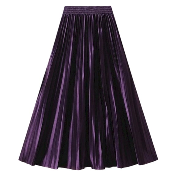 KHONTS Women's Elastic-Waist Accordion Pleated Metallic Long Party Skirt Dark Purple One Size