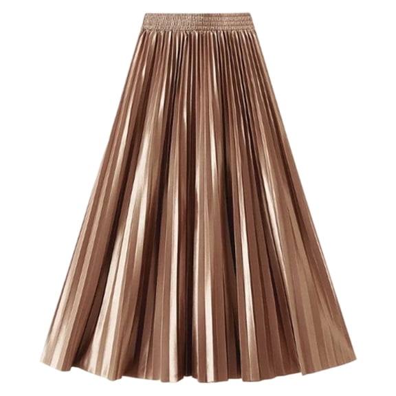 KHONTS Women's Elastic-Waist Accordion Pleated Metallic Long Party Skirt Khaki One Size