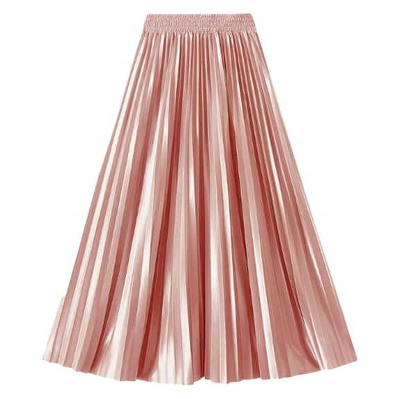 KHONTS Women's Elastic-Waist Accordion Pleated Metallic Long Party Skirt Pink One Size