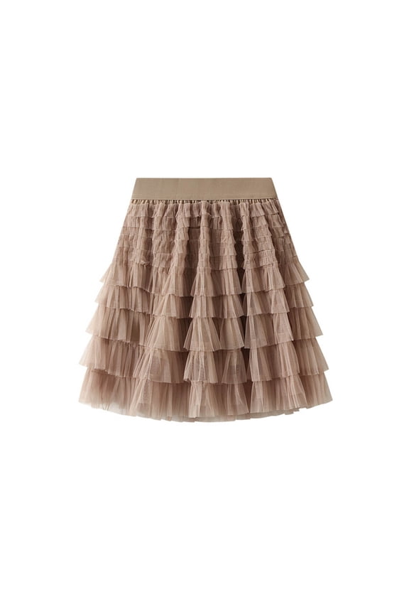 Women's Elastic Waist Layered Tulle Tutu Mini Skirt Mesh Layered Short Skirt Khaki M
