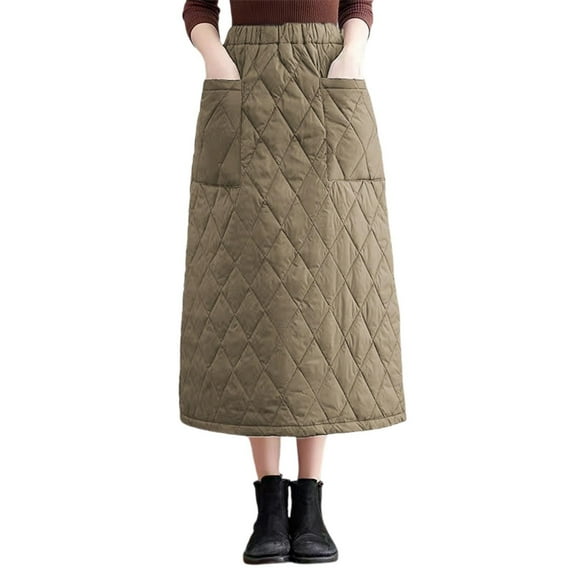 KHONTS Women's Elastic Waist Quilted Skirt Winter Warm Padded Quilted Midi Long Puffer Insulated Skirt with Pockets Green XL