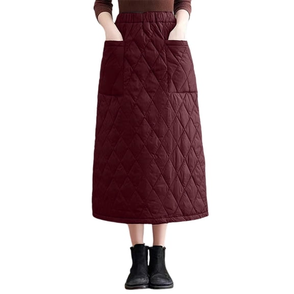 KHONTS Women's Elastic Waist Quilted Skirt Winter Warm Padded Quilted Midi Long Puffer Insulated Skirt with Pockets Wine XL