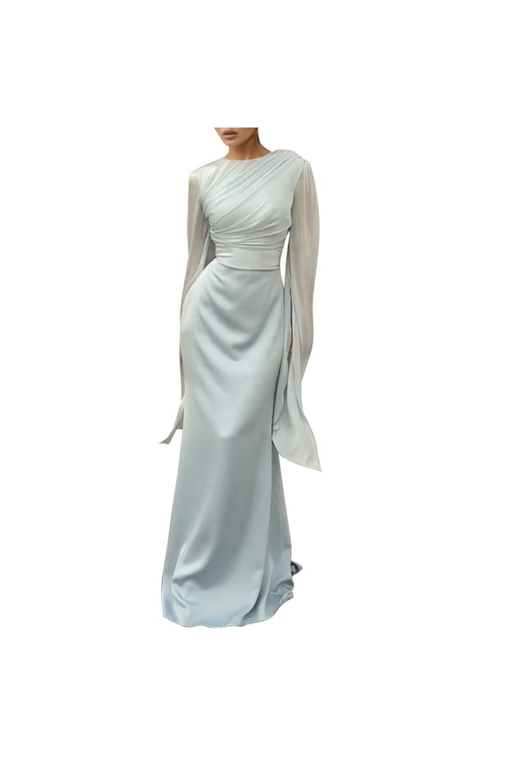 Women's Elegant Stretch Satin Gown Wedding Guest Dress Crew Neck Long Sleeves Tunic Evening Dress Blue M