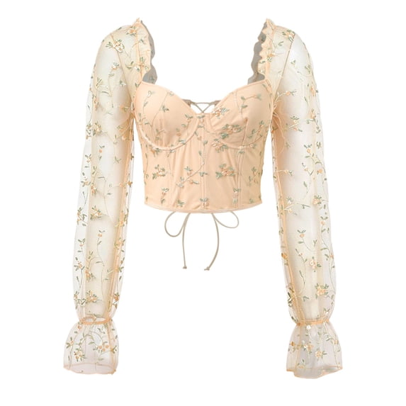 KHONTS Women's Embroidered Corset Tops Patchwork Sheer Mesh Long Sleeve Cropped Back-Tie Cute Concert Tops Beige XXL