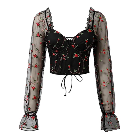 KHONTS Women's Embroidered Corset Tops Patchwork Sheer Mesh Long Sleeve Cropped Back-Tie Cute Concert Tops Black L