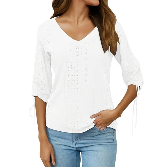 KHONTS Women's Eyelet V Neck Long Sleeve Blouse Top Loose Dressy Casual White Boho Cocktail Party Shirts Plus Size White S