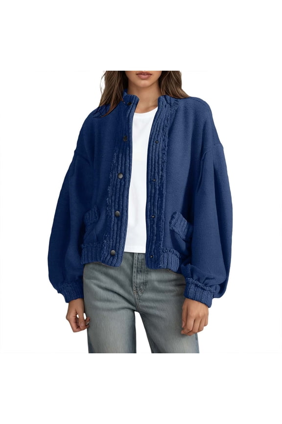 Women's Fall Cardigans Oversized Long Sleeve Button down Sweaters Chunky Knit Jacket Trendy Outerwear Dark Blue XL