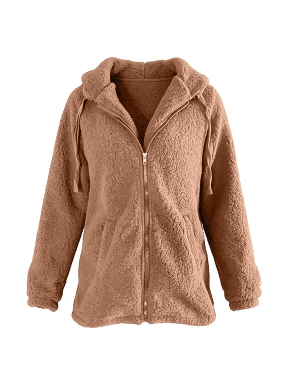 Women's Fall Winter Jacket Fuzzy Full Zip up Lightweight Warm Soft Hooded Coat with Pockets Coffee XXXXL
