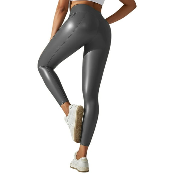 KHONTS Women's Leather Leggings High Waisted Pleather Pants Tummy Control Compression Lifting Workout Gym Leggings Grey L
