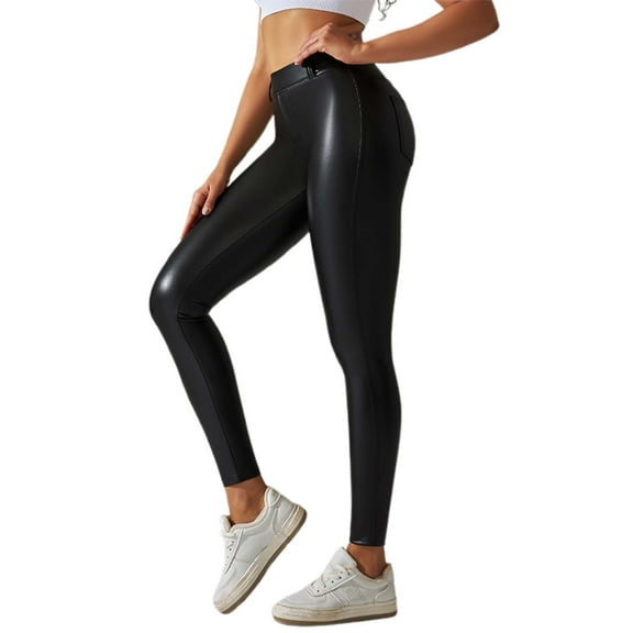 KHONTS Women's Leather Leggings High Waisted Pleather Pants Tummy Control Compression Lifting Workout Gym Leggings with Pockets Black XL