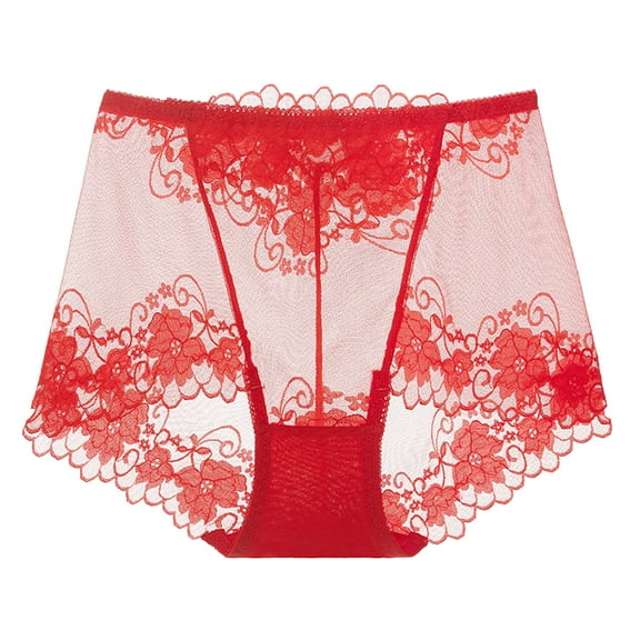 KHONTS Women's Floral Lace Sheer Briefs High Waist Panties See Through Seamless Underwear Red XXL