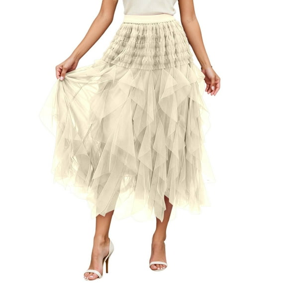 KHONTS Women's Fluffy Tulle Skirts Ruffle Midi Layered Mesh Skirt Asymmetrical Flowy Fairy Skirts High Waist Tutu Skirt Beige One Size