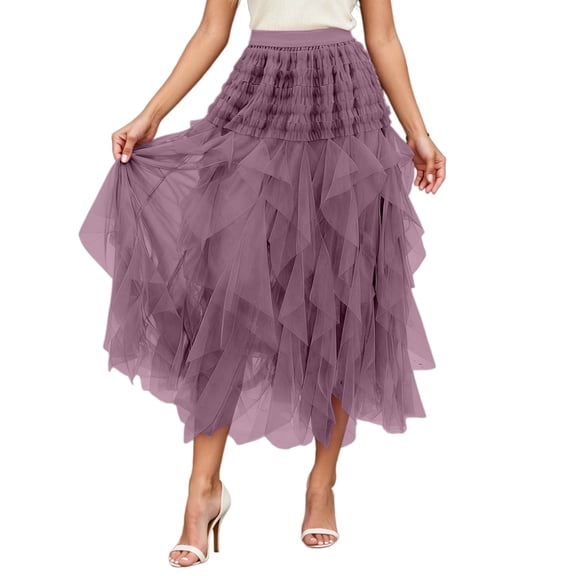 KHONTS Women's Fluffy Tulle Skirts Ruffle Midi Layered Mesh Skirt Asymmetrical Flowy Fairy Skirts High Waist Tutu Skirt Purple One Size