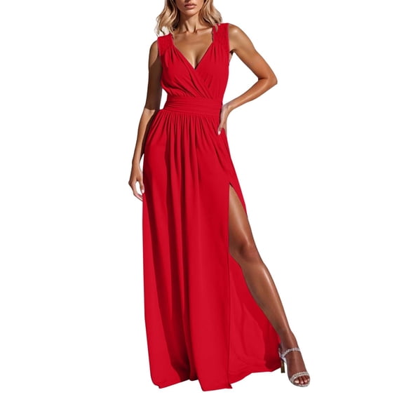 KHONTS Women's Formal Dresses Wrap V-Neck Ruched Bridesmaid Wedding Guest Maxi Dresses RD2 M