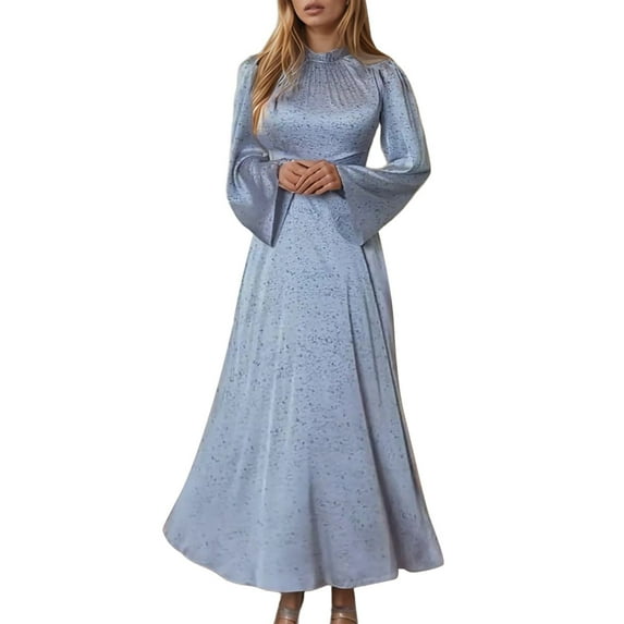 KHONTS Women's Formal Maxi Dress Long Sleeve Stand Neck Tie Waist Elegant Dress Women Wedding Guest Blue XXL