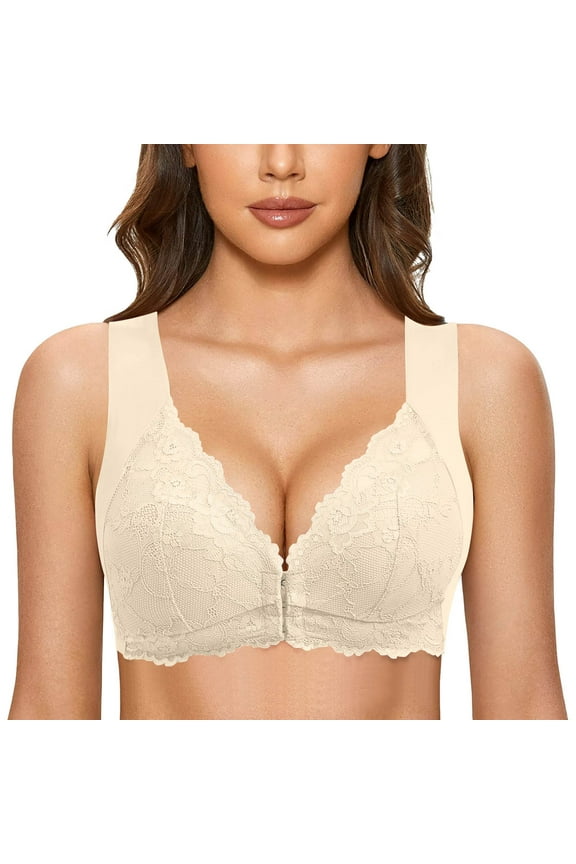 ,Women's Front Closure Lace Bras Wireless Comfort U Back Bra Push up Cleavage Enhancer Bralettes Beige XXXXXXXXXL