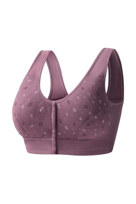 Women's Front Closure Push up Daisy Bras Plus Size Senior Floral Printed Bra Wireless Soft Comfortable Bralettes Purple F