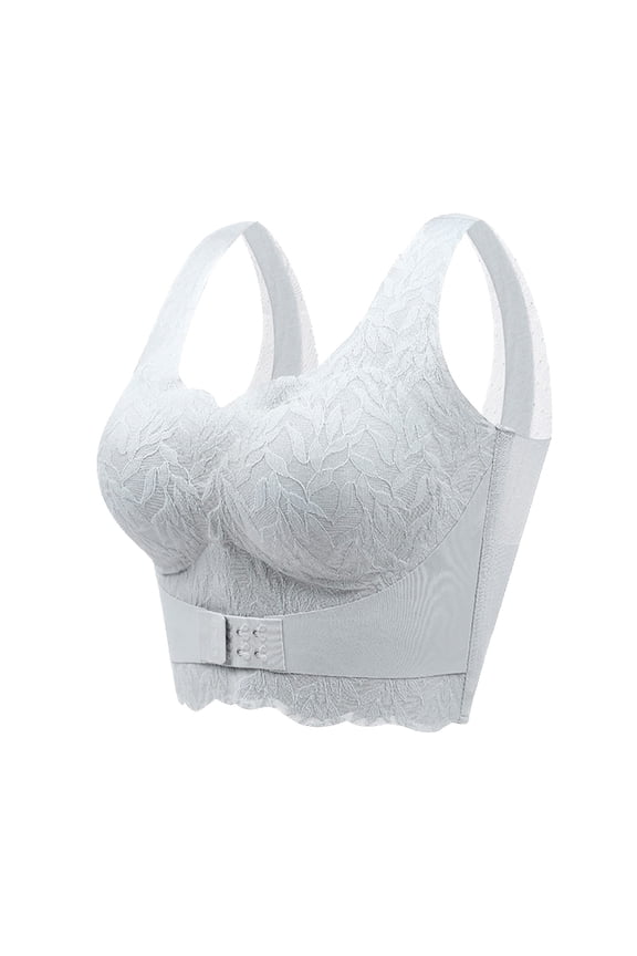 ,Women's Front Hook Closure Adjustable Bras Lace Mesh Crop Tops Supportive Push up Comfy Bralettes Grey M