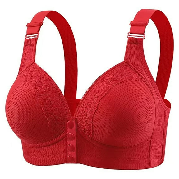 KHONTS,Women's Front Snap Everyday Bras Wireless Push up Senior Bra Lace Mesh Breathable Deep V Ultra Soft Bralettes Red 38