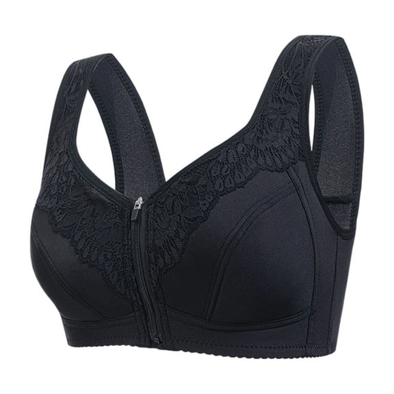 KHONTS,Women's Front Zip Closure Supportive Bras Lace Push up Comfy Bra Soft Breathable Everyday Bralettes Black 48
