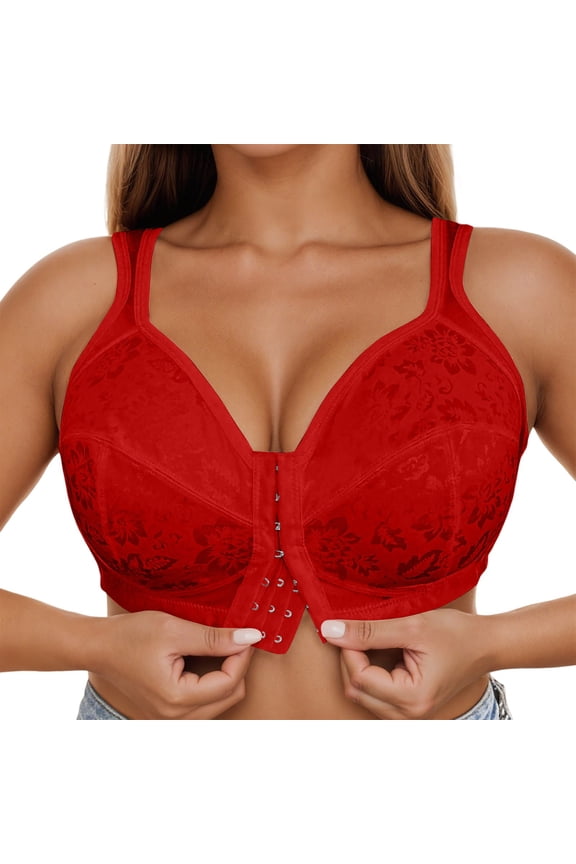 ,Women's Full Coverage Front Closure Bras Non Padded Wireless Bra Comfortable Wide Strap Push up Bralettes for Large Red XXXL